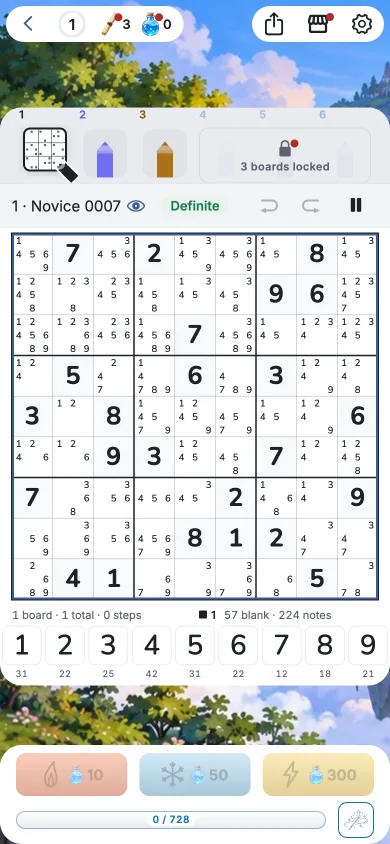 Actual Journey play screen with board tray, Sudoku grid, digit panel and element assistants.